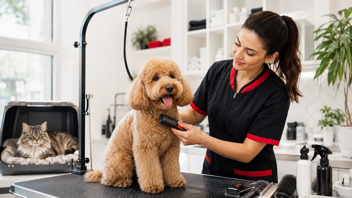 Profesyonel pet kuaföründe taranan köpek ve bekleyen kedi