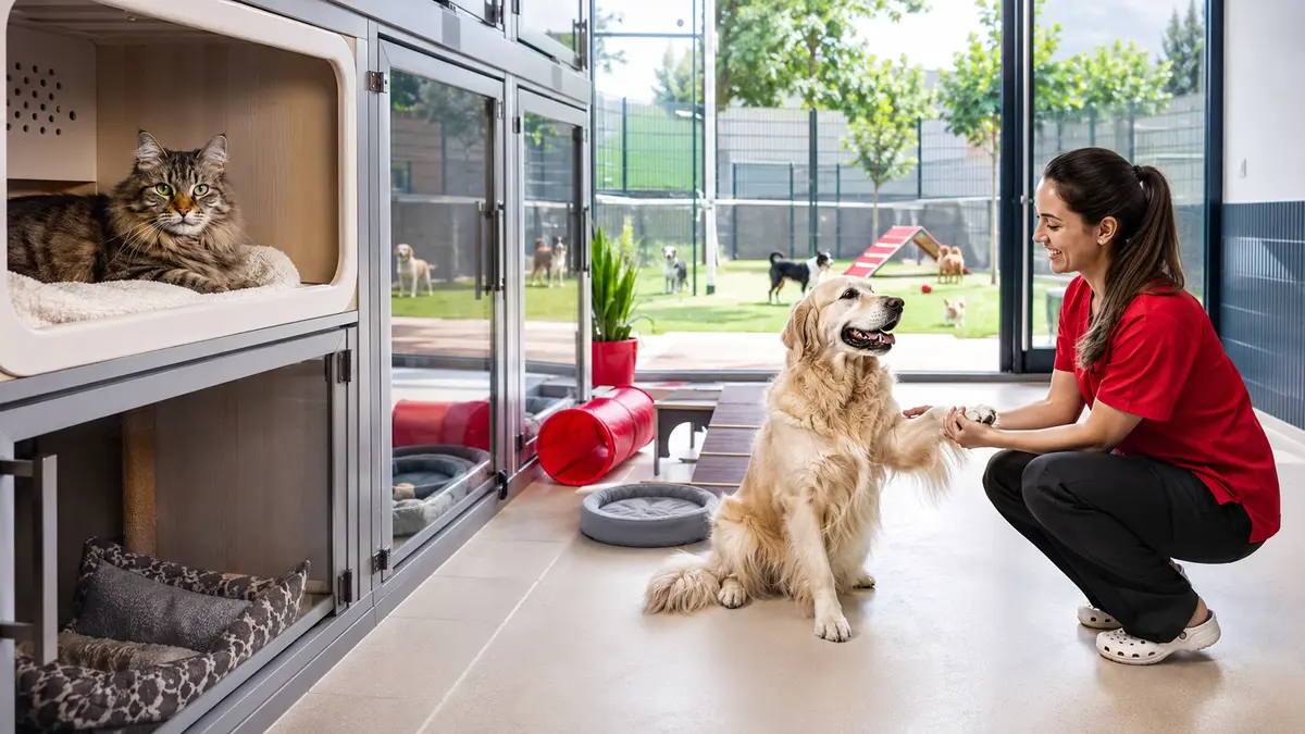 Güvenli pet otelinde bakımı yapılan kedi ve köpek