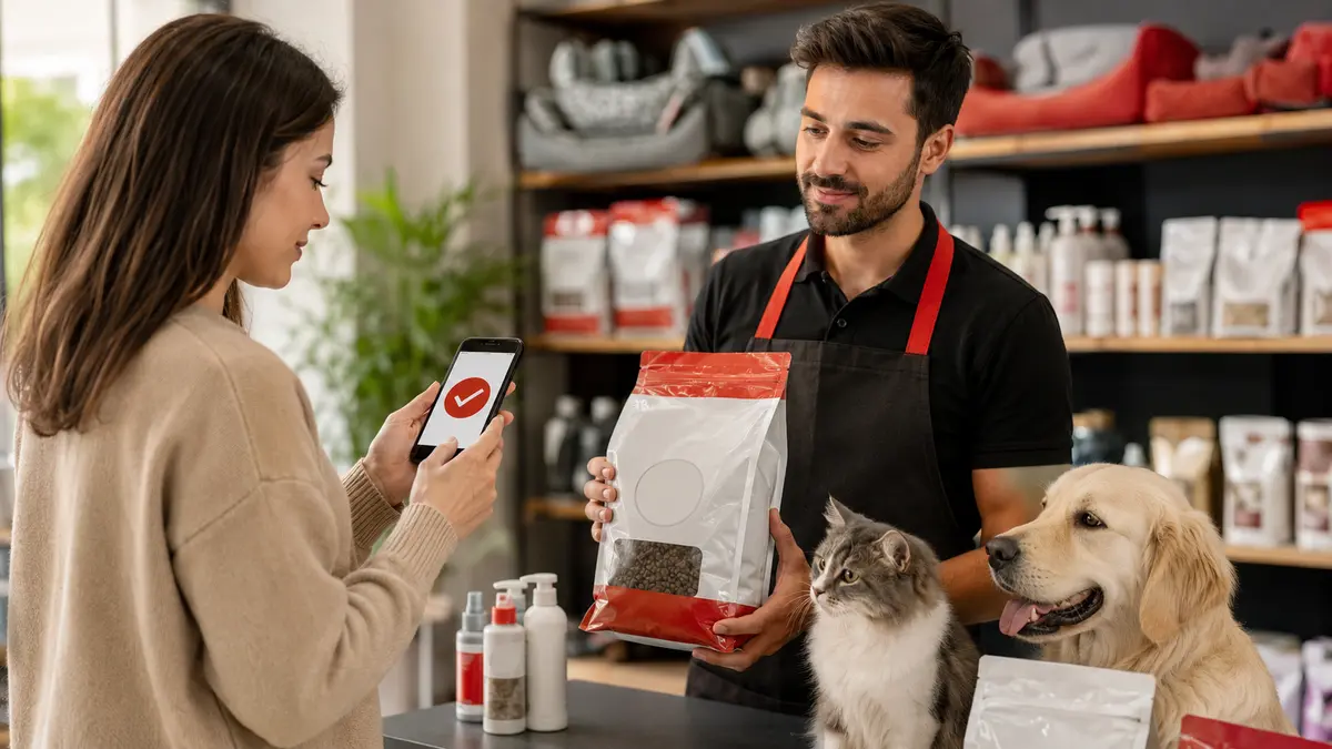 Yetkili satıcıdan alınan kapalı pet ürününü telefonla kontrol eden müşteri